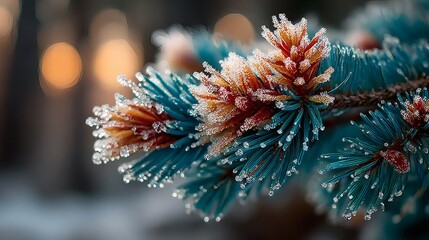 Snow-covered spruce branches in a winter forest, evoking a magical Christmas atmosphere.