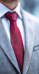 Close-up of a man's light grey suit jacket, crisp white shirt, and a deep burgundy tie, showcasing fine fabric textures and a professional, sophisticated style