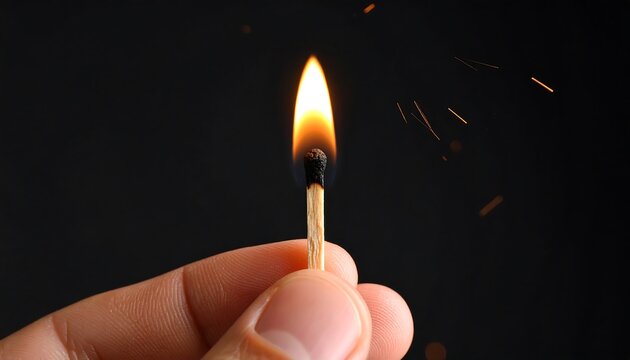 Lit match in hand against a dark background.