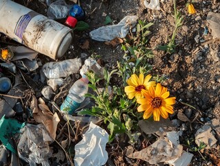 Fototapeta premium Yellow flowers were found among plastic bottles, packages and garbage on over-dried soil. A sample of a fragile life forced to coexist with the effects of pollution.