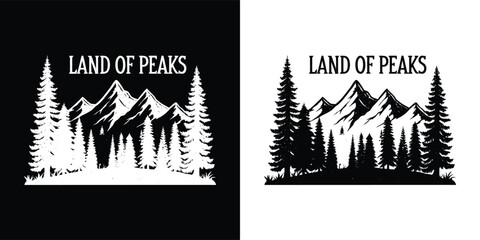 Graphic illustration of a mountain landscape with pine trees and the text land of peaks in a scenic wilderness setting, symbolizing adventure and nature, presented in black and white