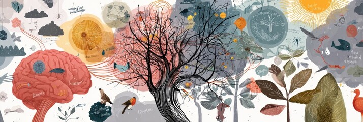 Creative Exploration of Nature and Mind Through Colorful Illustrations Depicting Trees, Animals, and Musical Themes in a Whimsical Setting