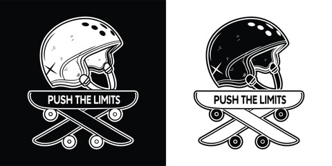 Two skateboards crossed with a helmet and push the limits banner, symbolizing extreme sports and motivation in a distressed graphic style