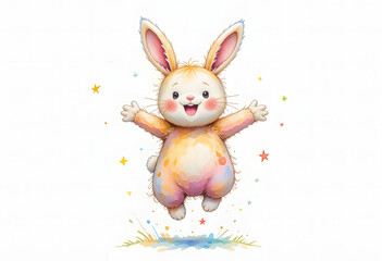 Fototapeta premium A charming watercolor illustration of a fluffy bunny doll jumping with joy, isolated on a clean white background.