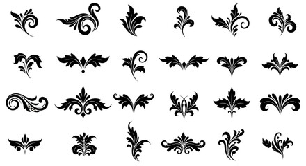 A collection of elegant vector floral ornaments, featuring swirling leaf designs and decorative flourishes, perfect for adding a touch of sophistication to any creative project.