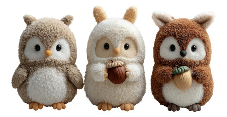 Fototapeta premium Cute and Soft Owl Plush Toys with Acorns on Transparent Background