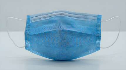 Blue surgical mask resting on white surface, preventing disease transmission