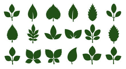 Stylized green leaf silhouettes presented as versatile vector graphics, ideal for organic and environmental design projects.