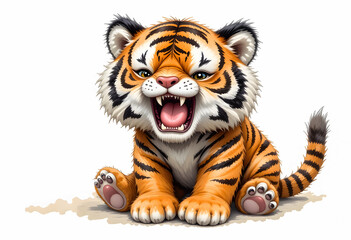 Obraz premium A cute and charming watercolor illustration of a baby tiger doll with a playful open mouth, isolated on a clean white background.