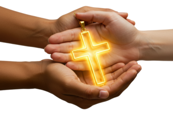 Faith and connection hands holding a glowing cross pendant spiritual scene indoor setting perspective isolated on transparent background