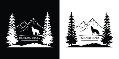 Obraz premium Highland trails logo featuring a howling wolf silhouette against majestic mountains and pine trees, symbolizing wilderness and natures call