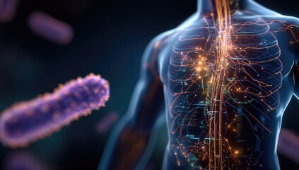 3D model of human torso with highlighted internal systems and bacteria