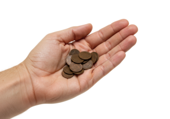 Collecting coins a handful of currency on focus financial concept isolated on transparent background