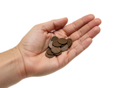Collecting coins a handful of currency on focus financial concept isolated on transparent background