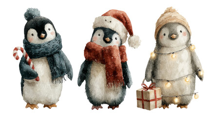 Fototapeta premium Adorable Penguins in Winter Attire with Holiday Accessories and Gifts