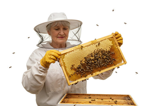 Beekeeping action enthusiastic beekeeper harvesting honeycomb in apiary nature's buzz isolated on transparent background