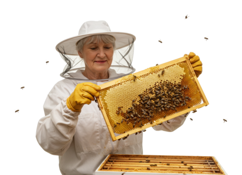 Beekeeping action enthusiastic beekeeper harvesting honeycomb in apiary nature's buzz isolated on transparent background