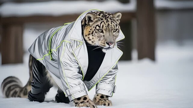 Snow Leopard Wearing Stylish Jacket in Snowy Winter Landscape