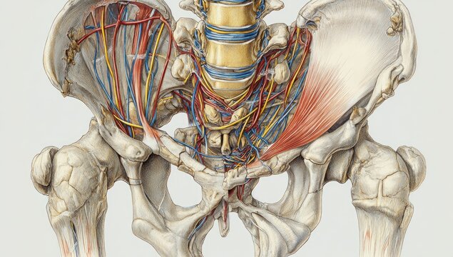 Detailed anatomical illustration of the human pelvis