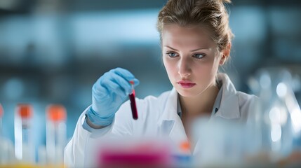 Focused scientist in lab coat analyzing blood sample with gloves. Research, medicine, healthcare and science concept.