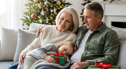 Peaceful Grandchild Sleeping on Grandparents’ Lap with Christmas Gift