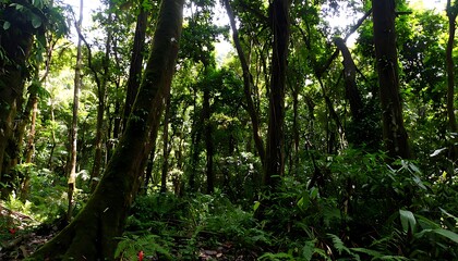 Obraz premium Lush green forest floor in dense tropical woods.