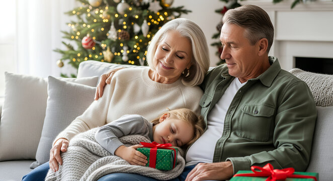 Peaceful Grandchild Sleeping on Grandparents’ Lap with Christmas Gift