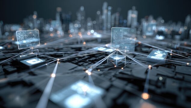 Futuristic cityscape overlaid with interconnected digital network - Powered by Adobe