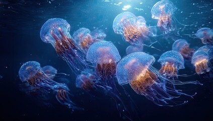 Jellyfish in deep blue ocean