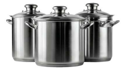Assorted Stainless Steel Cooking Pots on Transparent Background