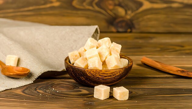 Light-colored sugar cubes in a wooden bowl on a wooden table.
