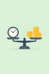 A concept of balance between time and money using a weighing scale. On one side, a clock represents time, while on the other side, stacks of gold coins symbolize money.  