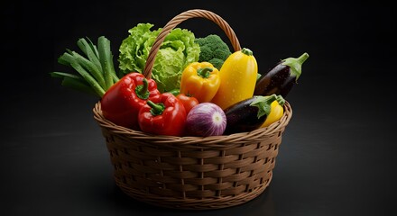 A woven basket filled with fresh vegetables including peppers lettuce and eggplant on a dark background