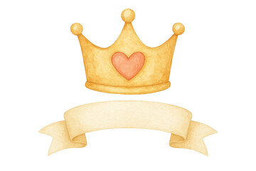 Watercolor golden crown, delicate pink heart centerpiece, resting above pale banner, elegant graphic design element with transparent backdrop