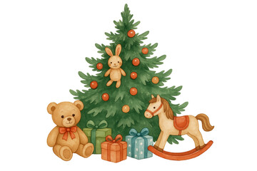 Christmas tree adorned with vibrant ornaments, plush toys, wooden rocking horse, wrapped presents composing cheerful seasonal holiday setting against transparent backdrop