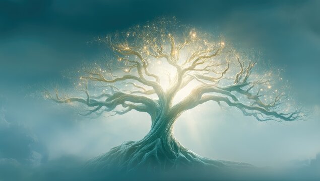 Mystical, glowing tree against a soft teal sky
