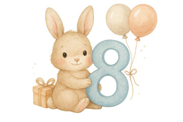 Obraz premium Watercolor bunny embracing numeral eight, accompanied by festive balloons and gift, celebrating childhood milestone on transparent backdrop