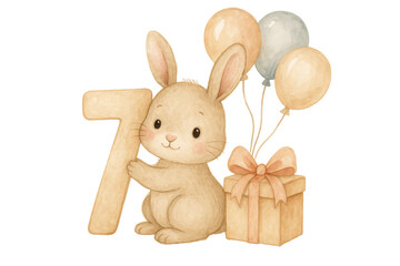 Fluffy rabbit presenting number seven, surrounded by festive birthday balloons and wrapped present, positioned on clean transparent backdrop