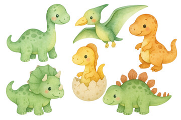 Naklejka premium Colorful watercolor illustration of cartoon dinosaursbrontosaurus, pterodactyl, t rex, triceratops, hatching baby, stegosaurusagainst transparent backdrop