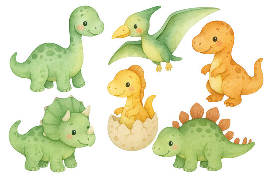 Colorful watercolor illustration of cartoon dinosaursbrontosaurus, pterodactyl, t rex, triceratops, hatching baby, stegosaurusagainst transparent backdrop