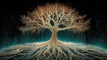 Mystical, glowing tree with intricate roots