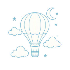 White hot air balloon drifting against starry night sky, crescent moon illuminating soft clouds on transparent background, perfect for decorative design elements and print media