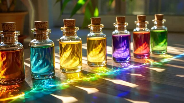 Seven Colorful Glass Bottles in Sunlight