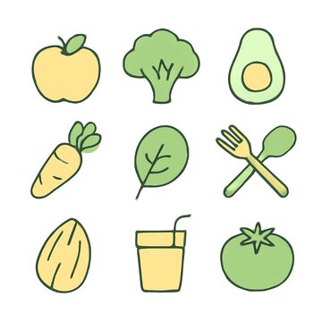 Minimalist Healthy Food Icons &ndash; Flat Pastel Yellow and Green Vector Set