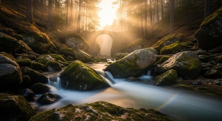 Enchanting Sunrise over Mossy Rocks and Ancient Stone Arch Bridge