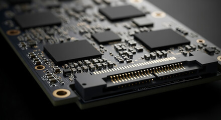 Close-up view of a complex electronic circuit board with numerous integrated circuits and a data connector, highlighting intricate technology.
