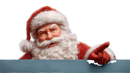 Naklejka premium Cheerful Santa Claus with Fluffy Beard Pointing Over Blue Sign