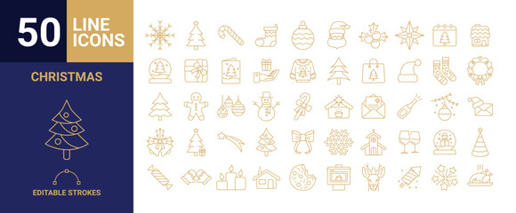 50 Christmas Line Icons Collection. Holiday Symbols and Outline Xmas Set with Editable Stroke