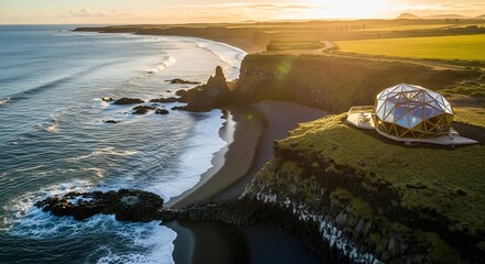 Futuristic Glass Dome Perched on a Dramatic Icelandic Cliff at Sunset.