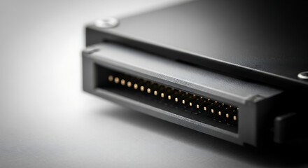 Close-up of a hard drive's connector, showcasing its intricate pin arrangement and design.